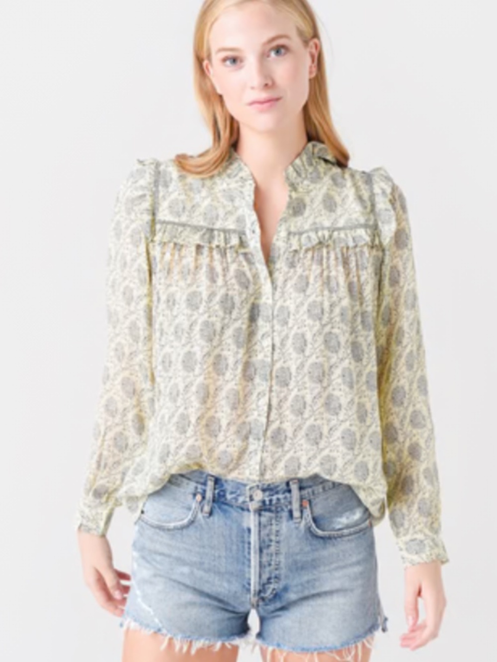 BORA ba&sh cream Paisley Ruffle Button-Up Blouse